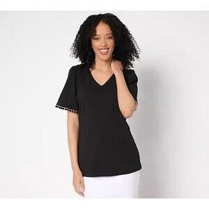 Belle By Kim Gravel Shirt Womens XL Black Slub Knit Flutter Sleeve V Neck Top